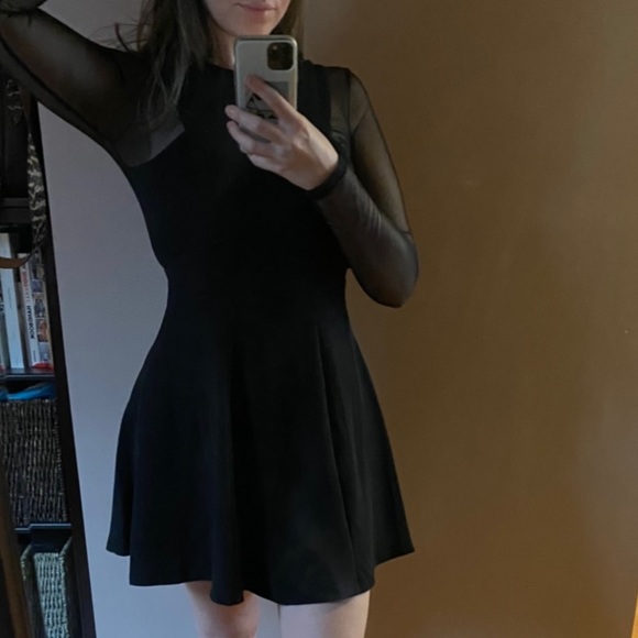 Mesh Sleeve Black Fit & Flare Dress - Picture 1 of 5